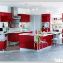 Tủ bếp gỗ Acrylic màu đỏ phối trắng có bàn đảo   TVB0895